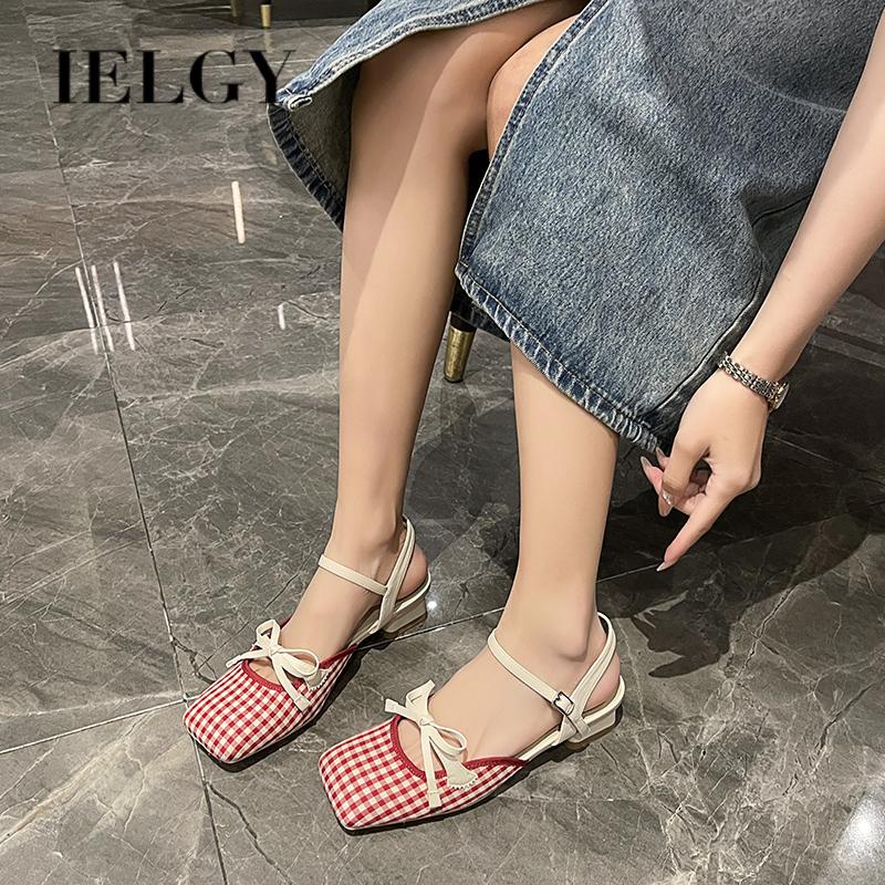 Xăng đan Hở Ngón Mũi Vuông Họa Tiết Sọc Caro Màu Đỏ Phong Cách Pháp Cổ Điển Thời Trang Cho Nữ