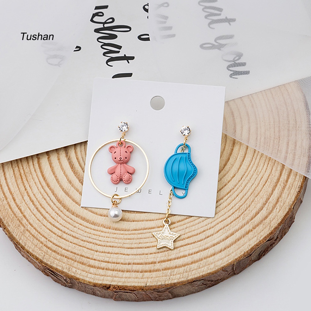 Khuyên Tai Hình Gấu / Ngôi Sao / Ngọc Trai Nhân Tạo Bất Đối Xứng Phong Cách Hoạt Hình