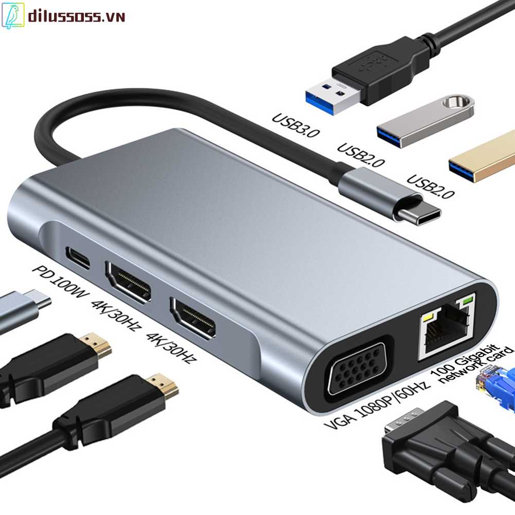 Bộ Chia Cổng Type-C 8 Trong 1 1080P 5GMbps 4K 30hz RJ45 100M 100W PD Chất Lượng Cao