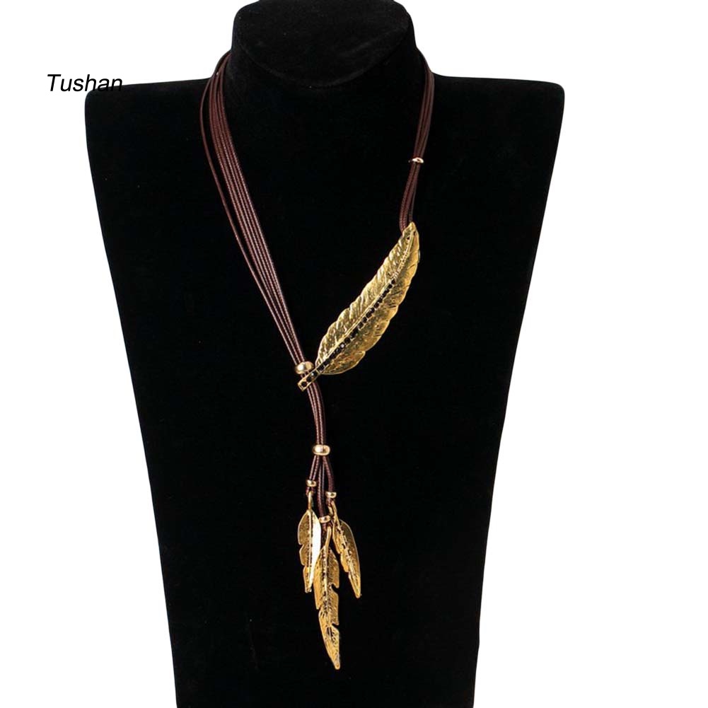 Vòng Cổ Choker Giả Da Trang Trí Mặt Lông Vũ Kim Cương Giả Phong Cách Bohemian
