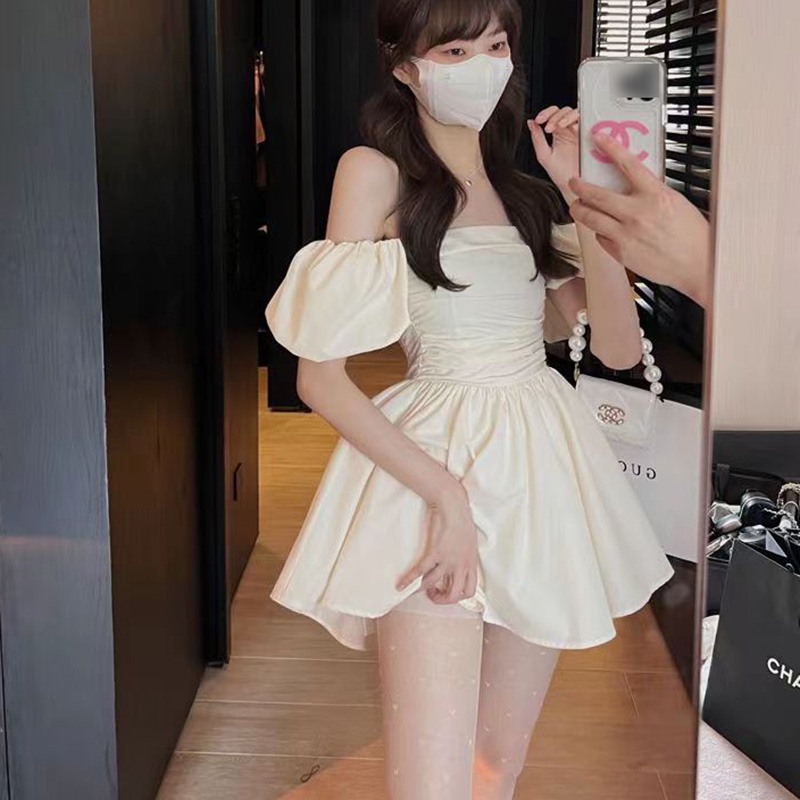 IELGY Đầm Trễ Vai Tay Phồng Phong Cách Pháp Thời Trang Cho Nữ