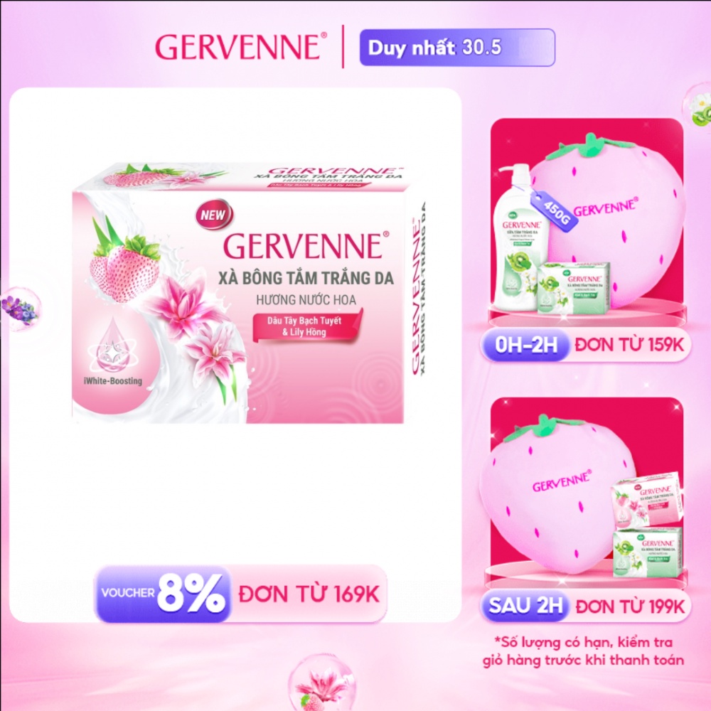 Xà bông tắm trắng da hương nước hoa Gervenne Dâu Tây Bạch Tuyết & Lily Hồng 90g
