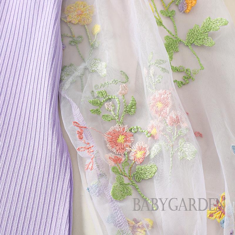 Đầm Dệt Kim Tay Dài Phối Lưới Thêu Hoa Xinh Xắn Cho Bé Gái 6-10 Tuổi