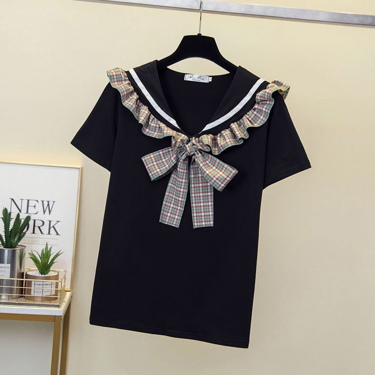 Áo Thun Cotton Nguyên Chất Cổ Hải Quân Tay Ngắn Cỡ Vừa Phong Cách Hàn Quốc Thời Trang Mùa Hè Cho Bé Gái