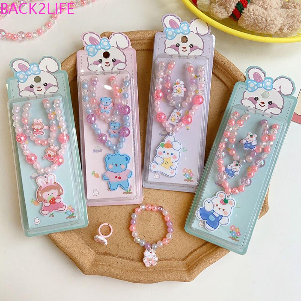 BACK2LIFE Set 2 Nhẫn Thời Trang Hàn Quốc Đính Hạt Hình Thỏ / Gấu / Hoa Màu Cầu Vồng Dễ Thương Cho Bé