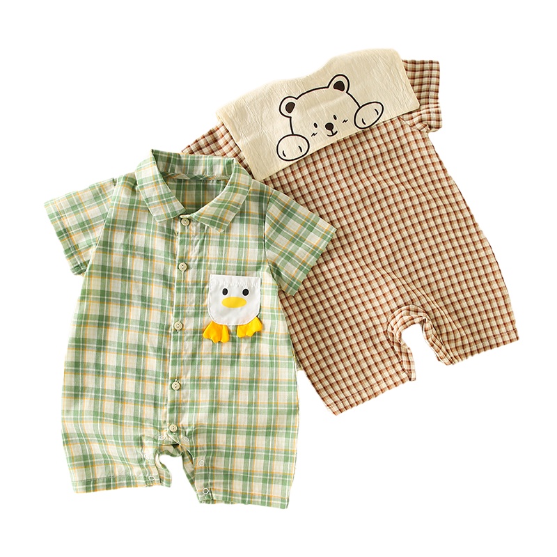 Áo Liền Quần Tay Ngắn Chất Liệu 100% Cotton Thoáng Khí In Họa Tiết Caro Phong Cách Hàn Quốc Thời Trang Mùa Hè Cho Bé Sơ Sinh 0-24 Tháng