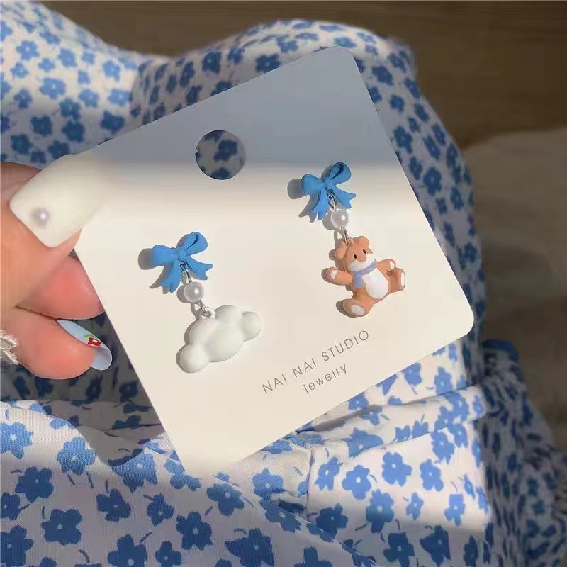 Bông Tai Hình Học Đính Nơ Màu Xanh Dương Ngọt Ngào Phong Cách Hàn Quốc Thời Trang Cho Nữ