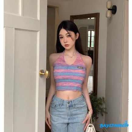 Áo Croptop Dệt Kim Không Tay Dây Chéo Lưng In Họa Tiết Kẻ Sọc Cho Nữ