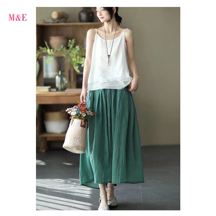 M &amp; E Váy Xòe Dài Hai Lớp Bằng Cotton Lanh Màu Trơn Thanh Lịch Phong Cách Mới Mùa Hè 2022 Dành Cho Nữ