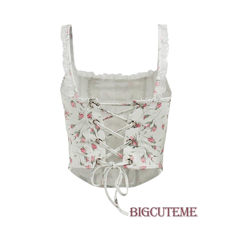 []] Áo Ba Lỗ In Hoa Viền Ren Có Dây Buộc Sau Lưng Cho Nữ