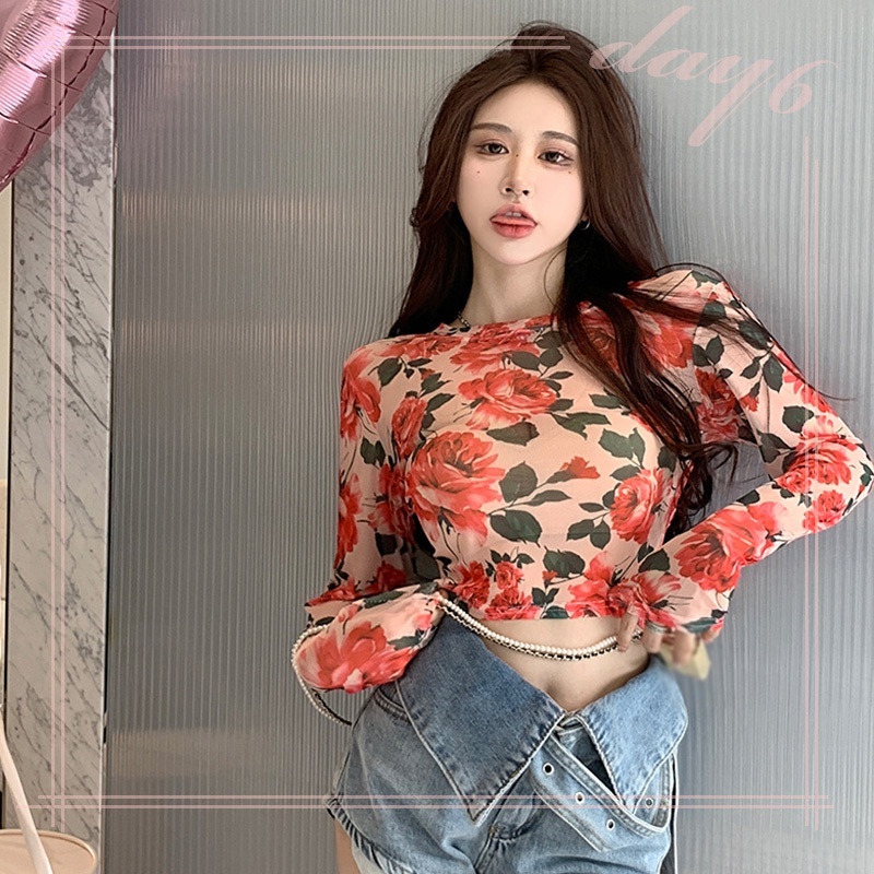 Áo Thun Lưới Tay Dài In Họa Tiết Hoa Phong Cách Cổ Điển Thời Trang Quyến Rũ Cho Nữ