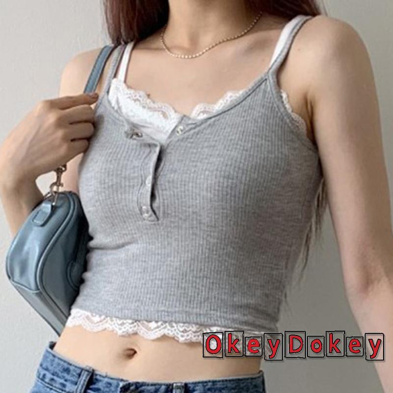 Áo Tank Top Giả Hai Mảnh Phối Ren Và Nút Thời Trang Mùa Hè Cho Nữ OKDK-y2k