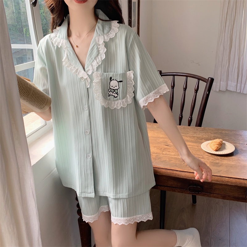Bộ Đồ Ngủ Chất Liệu Cotton Phối Ren Thêu Họa Tiết Hoạt Hình Phong Cách Hàn Quốc Thời Trang Mùa Hè Cho Nữ