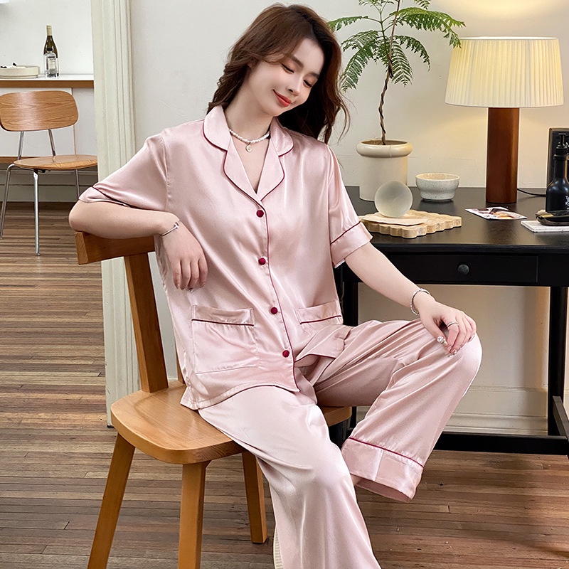 Bộ Đồ Ngủ Tay Ngắn Bằng Lụa Lạnh Hai Túi Phong Cách Pháp Thời Trang Xuân Hè Hàng Mới 2023 Dành Cho Bạn Nữ