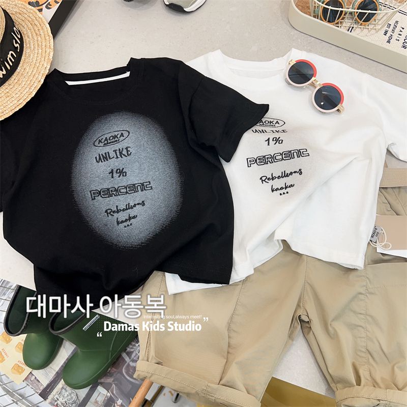 Hàng Mới Về Áo Thun Cotton Ngắn Tay Cổ Tròn Thêu Chữ Thời Trang Mùa Hè Cho Bé Trai