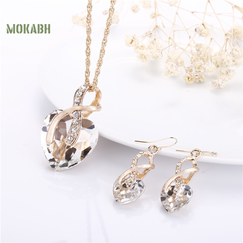 1 Set Vòng cổ Và Bông Tai Mặt Hình Trái Tim Đính Đá Ngọt Ngào Cho Nữ