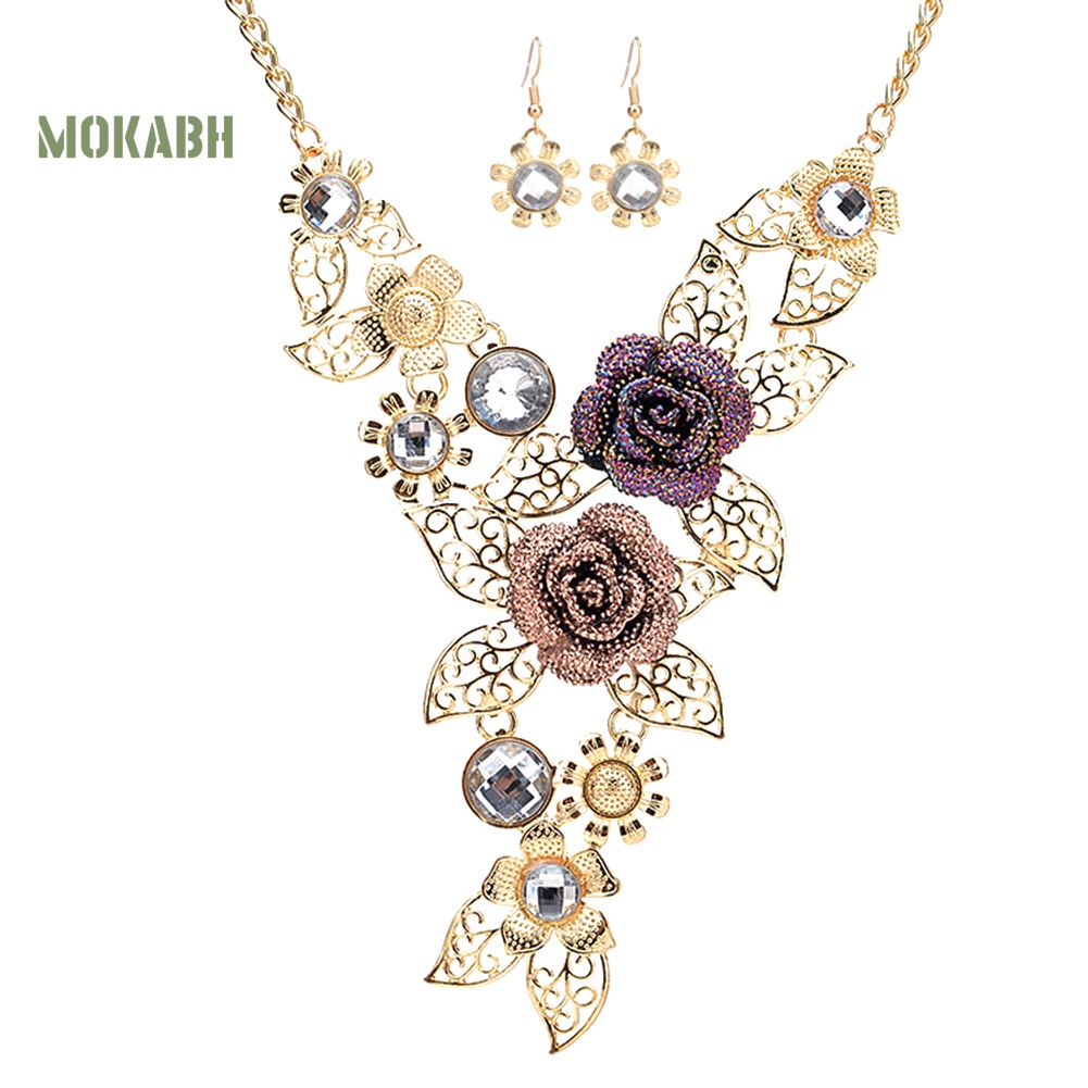 Bộ Vòng cổ + Bông Tai Đính Đá Hình Hoa Lá Rỗng Thời Trang Cho Nữ