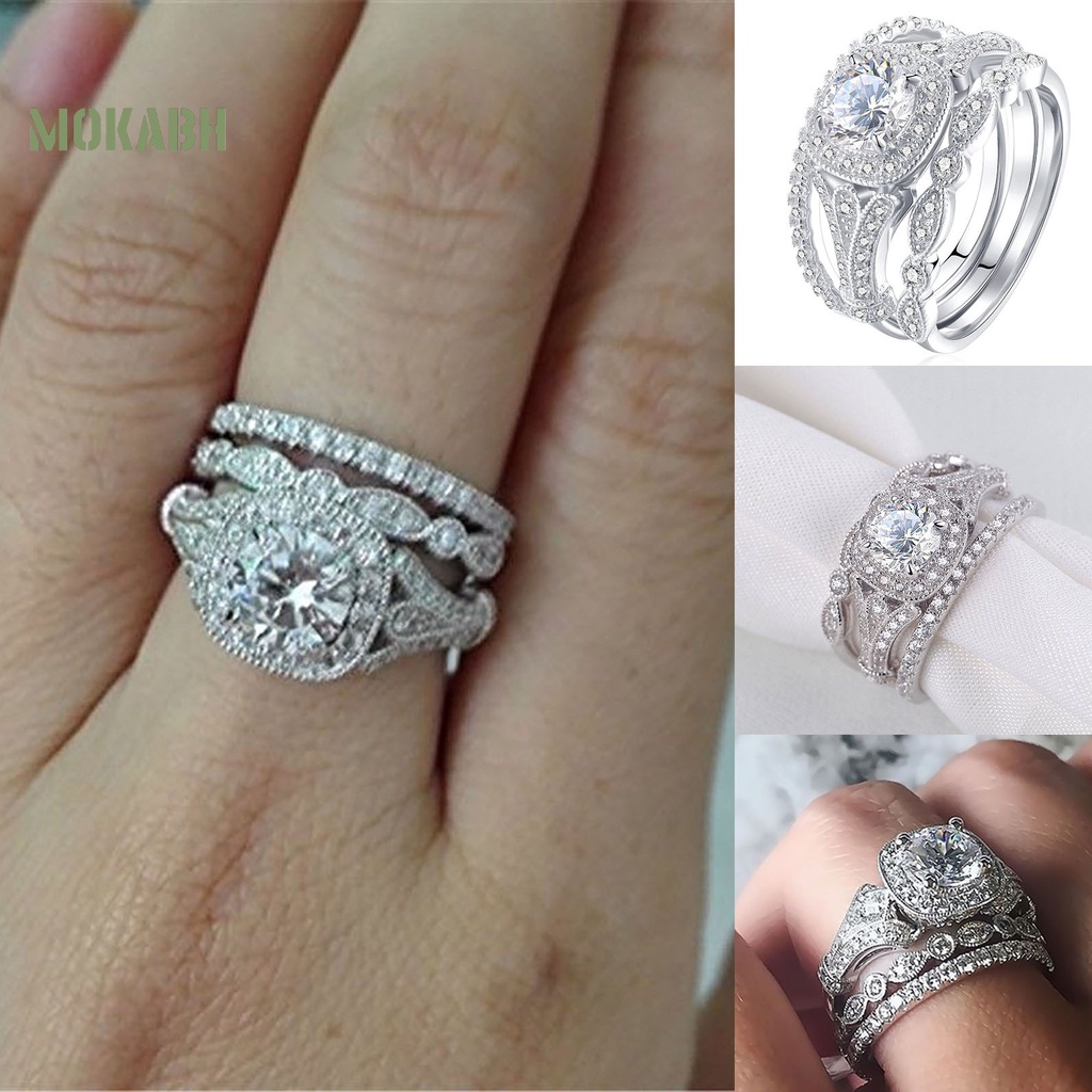 Set 3 Nhẫn Đính Hôn Đính Đá Lấp Lánh Tinh Tế Sáng Tạo Phổ Biến