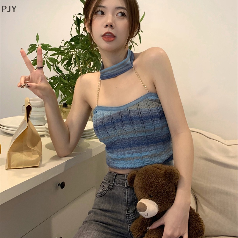 Áo Dệt Kim Không Tay Dáng Ôm Màu Gradient Gợi Cảm Cho Nữ PJ