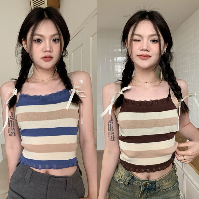 Áo Hai Dây Dệt Kim Họa Tiết Kẻ Sọc Thời Trang Mùa Hè Cho Nữ