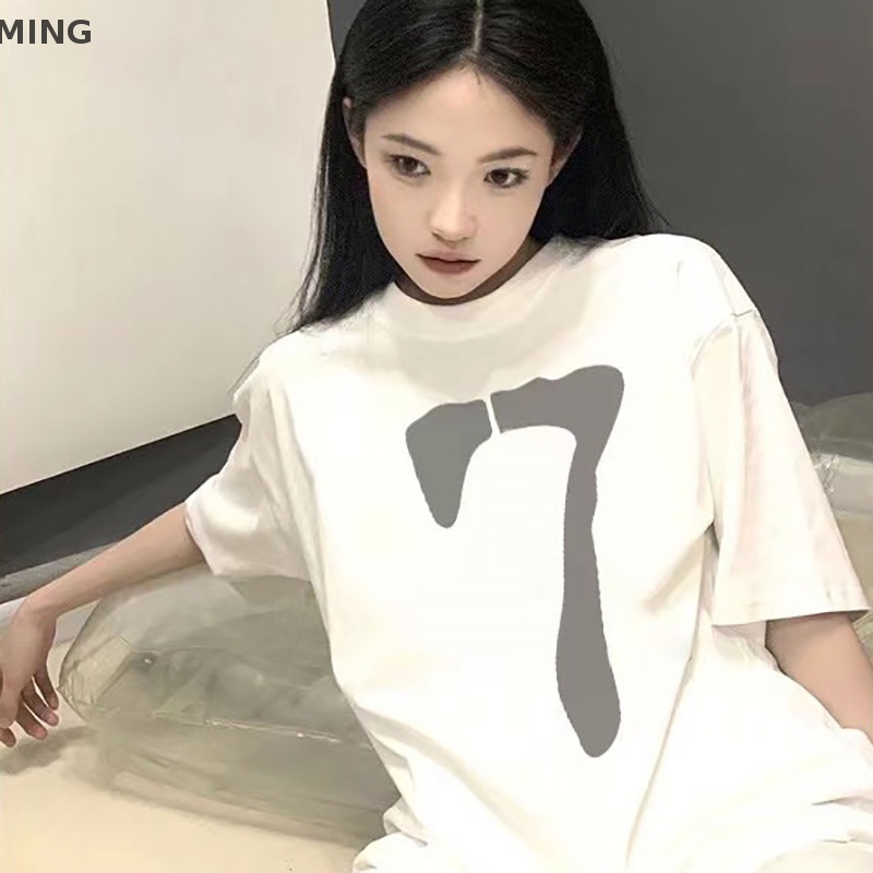 Áo Thun Nữ Ngắn Tay Cổ Tròn In Số Phong Cách Retro