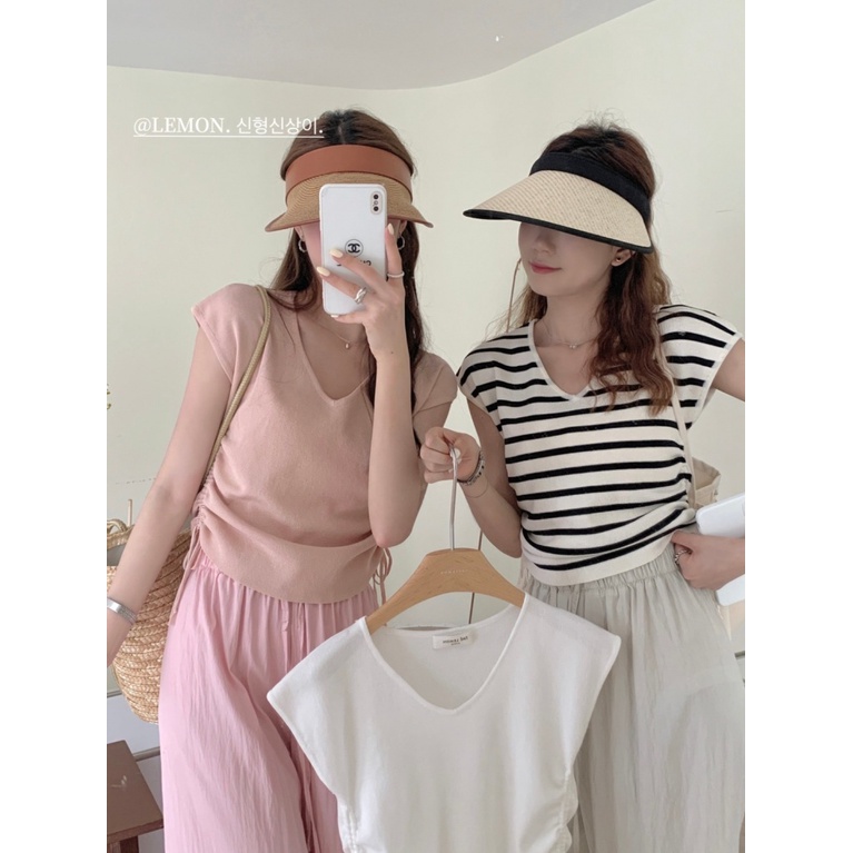 Áo Thun Tay Ngắn Dáng Ôm Phối Dây Rút Họa Tiết Kẻ Sọc Thời Trang Mùa Hè 2023