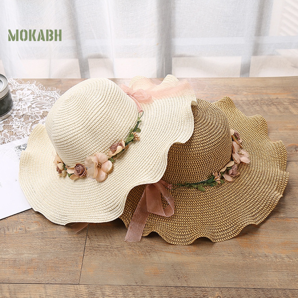 [Mok Abh] Mũ Cói Vành Tròn Thắt Nơ Cỡ Lớn Thấm Hút Mồ Hôi Thời Trang Nữ