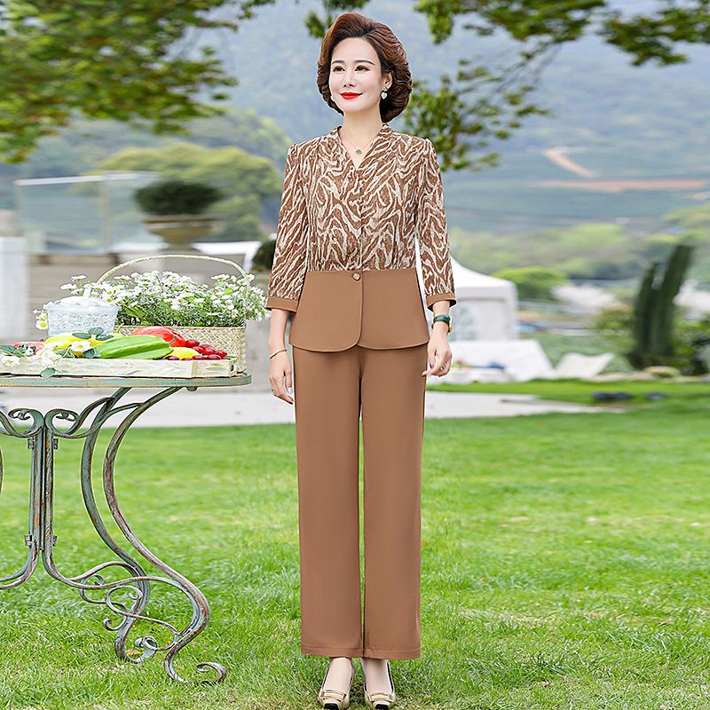 Bộ Áo Thun Tay Lửng Phối Voan + Quần Dài Thời Trang Mùa Hè Cho Phụ Nữ Trung Niên