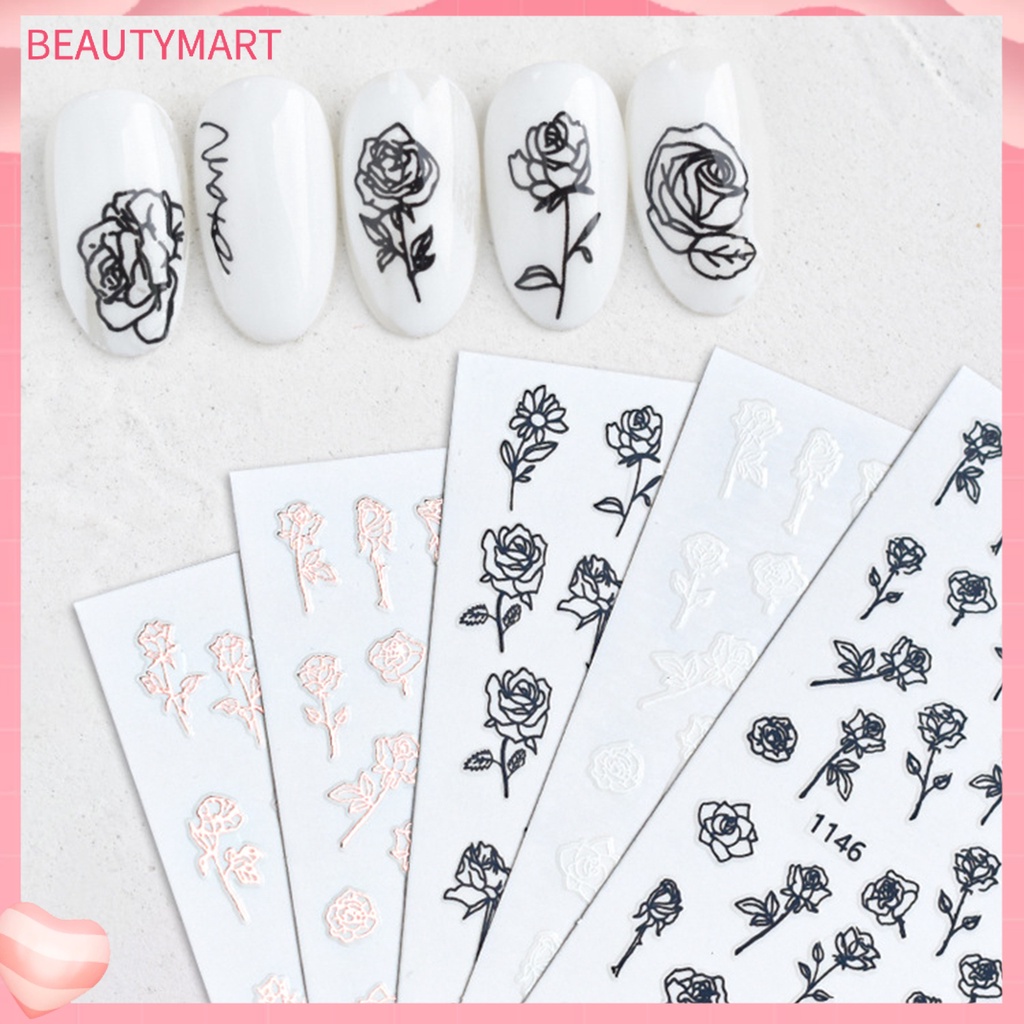[beautymart] Hình Dán Móng Tay Tự Dính Không Mùi Họa Tiết Hoa Hồng Tinh Tế Không Dị Ứng Có Thể Tháo Rời