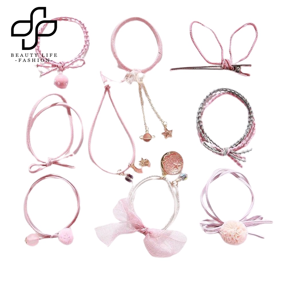 Bộ 9 Dây Cột Tóc Đính Nơ / Ngôi Sao / Mặt Trăng Thời Trang Cho Nữ