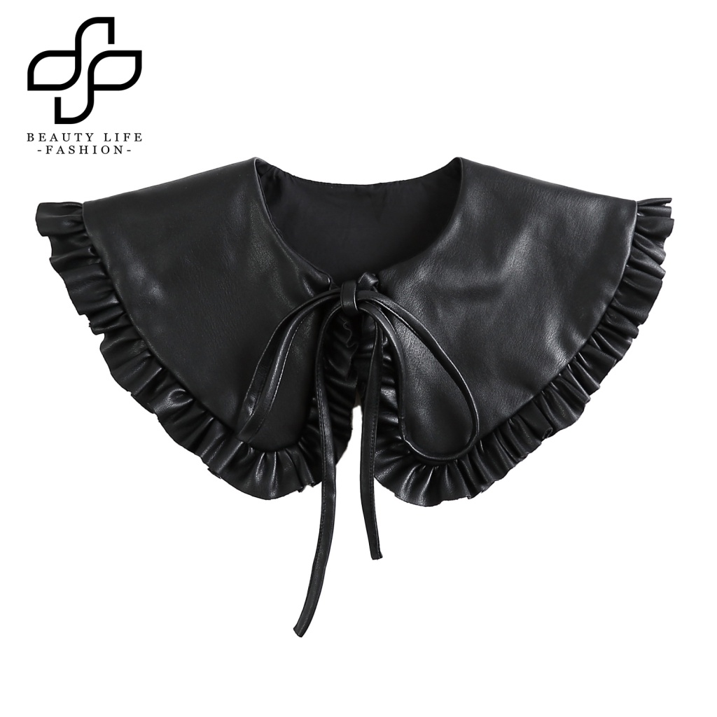 Cổ Áo Giả Da Phối Bèo Nhún Màu Trơn Hóa Trang Cho Nữ