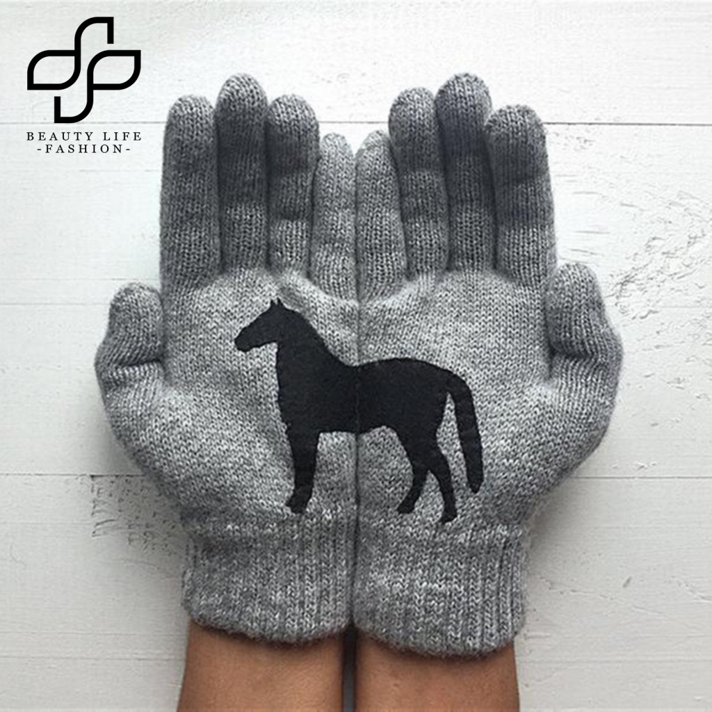1 Đôi Găng Tay Len Chống Lạnh In Họa Tiết Ngựa Hoạt Hình Cho Nữ