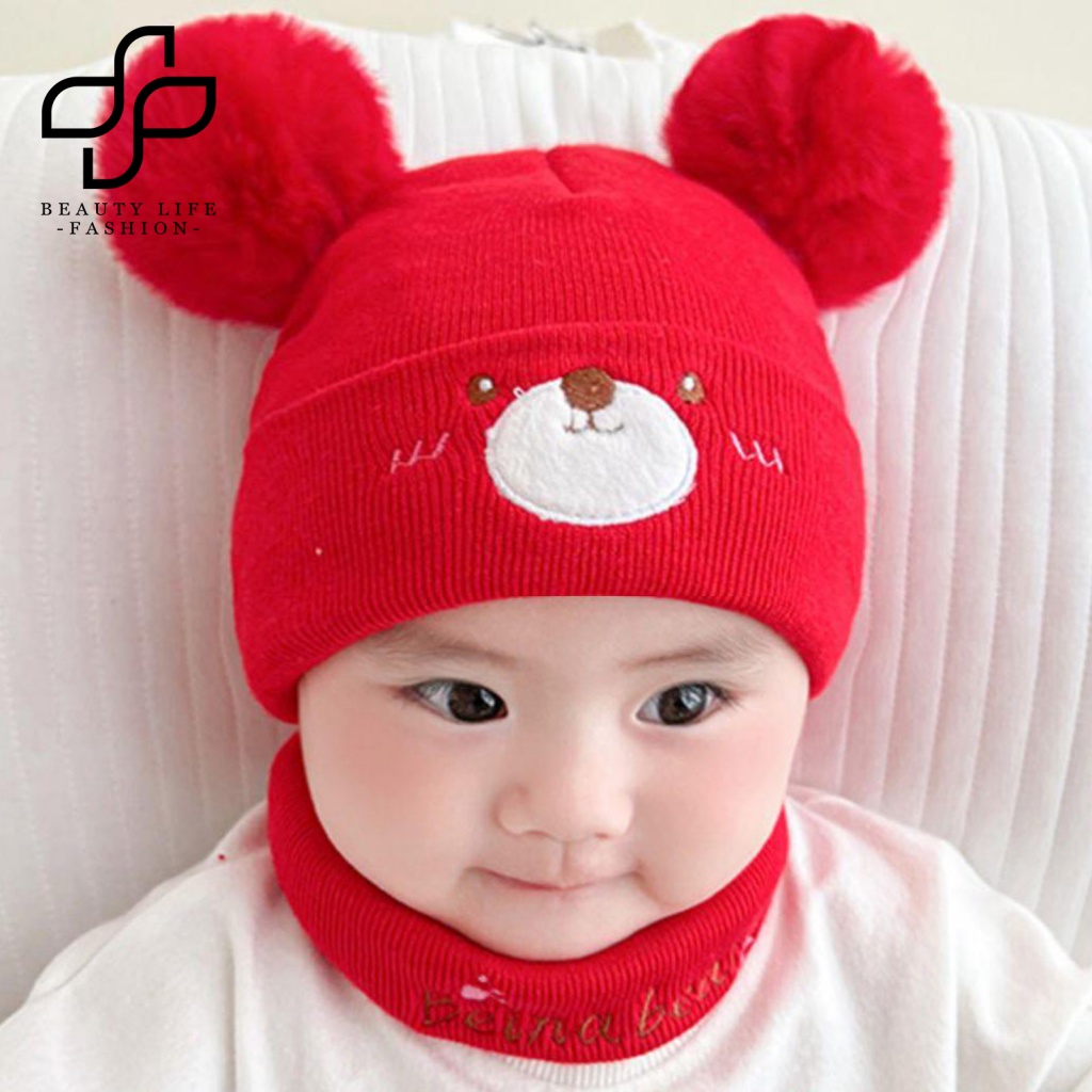 1 Bộ Mũ Beanie Và Khăn Choàng Cổ Dệt Kim Thêu Hình Gấu Bông Giữ Ấm Siêu Mềm Co Giãn Handmade Dành Cho Bé Trai Và Bé Gái