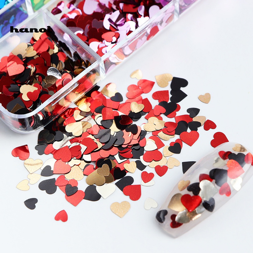 1 Hộp Kim Sa Phản Quang 6 Ngăn Trái Tim Trang Trí Móng Tay DIY