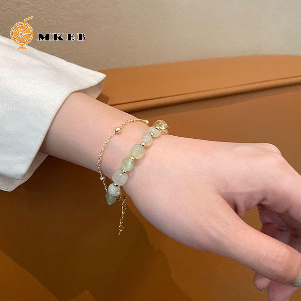 Vòng Tay Hạt Đá Prehnite Bằng Thép Không Gỉ Màu Xanh Lá Cây Phong Cách Thanh Lịch|Vòng Tay Dây Xích Phong Cách Hàn Quốc