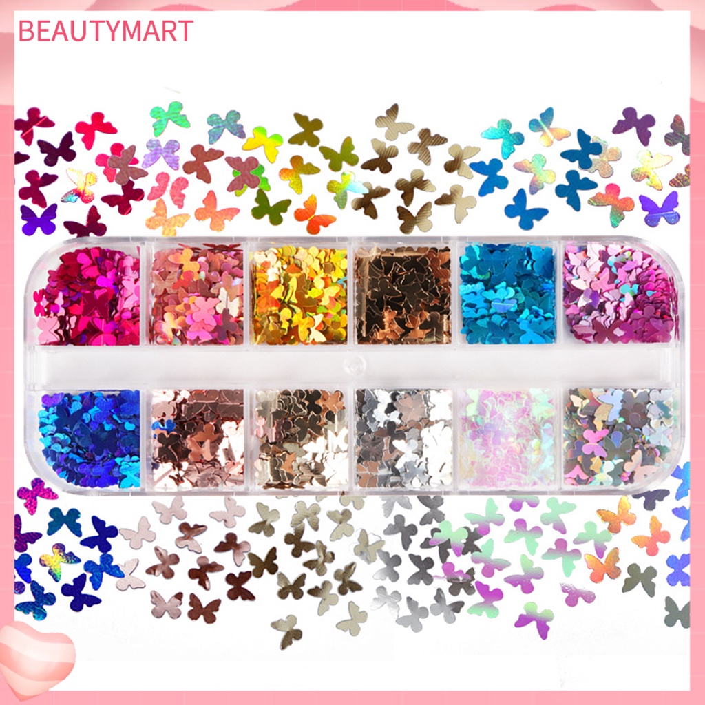 Hộp 12 Ngăn Đựng Hạt Kim Sa Hình Bướm Trang Trí Móng Tay DIY
