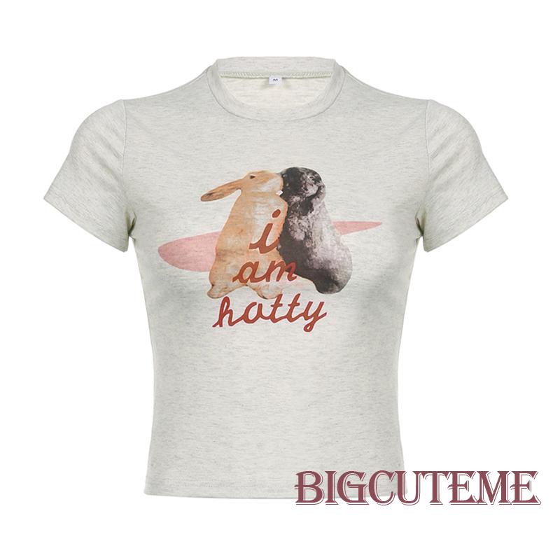 Áo Thun Crop Top Tay Ngắn In Hình Thỏ Dễ Thương Thời Trang Mùa Hè Cho Nữ