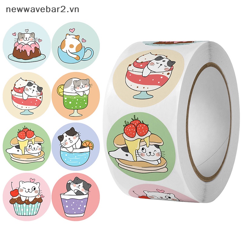 Set 500 Miếng Dán Tròn Họa Tiết Mèo Hoạt Hình Trang Trí Đa Ứng Dụng