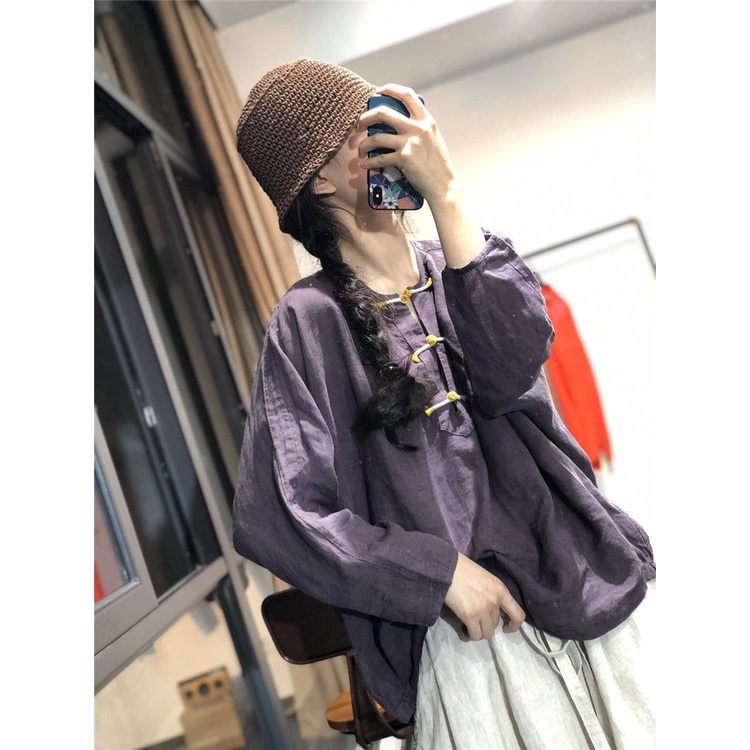 Áo Sơ Mi Vải Lanh cotton Dáng Rộng Màu Sắc Tương Phản Phong Cách Trung Hoa