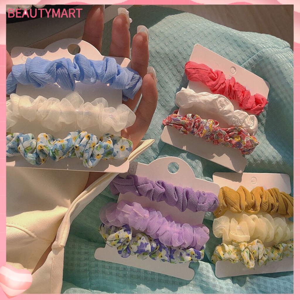 Set 3 Dây Cột Tóc Cao Su Bọc Vải Chiffon Co Giãn In Họa Tiết Hoa Tươi Mới