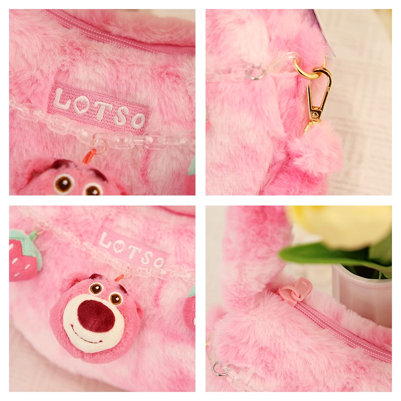 Túi Xách Đeo Vai Phối Lông Hình Trái Tim Ba Mắt Hoạt Hình Disney Dâu Tây Đáng Yêu Dành Cho Nữ