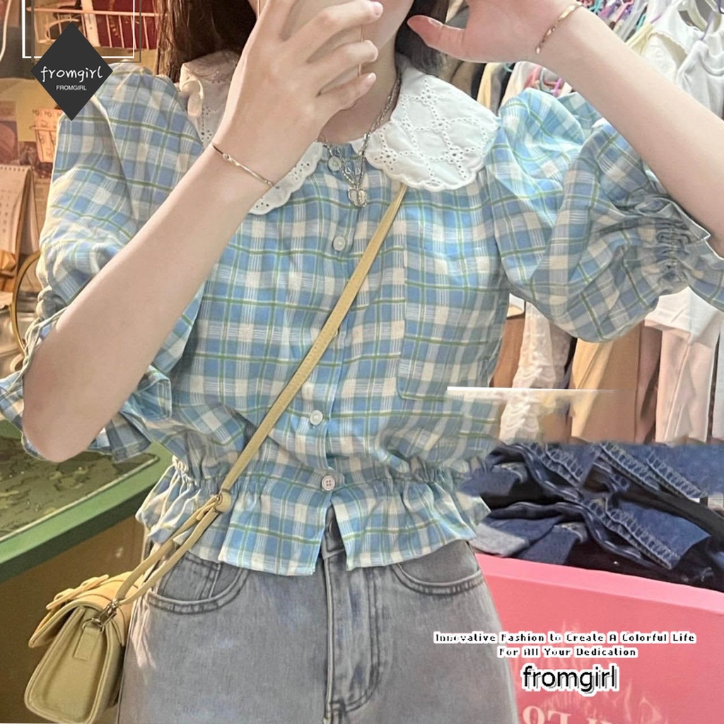 Áo Kiểu Tay Phồng Họa Tiết Sọc Caro Phong Cách Pháp