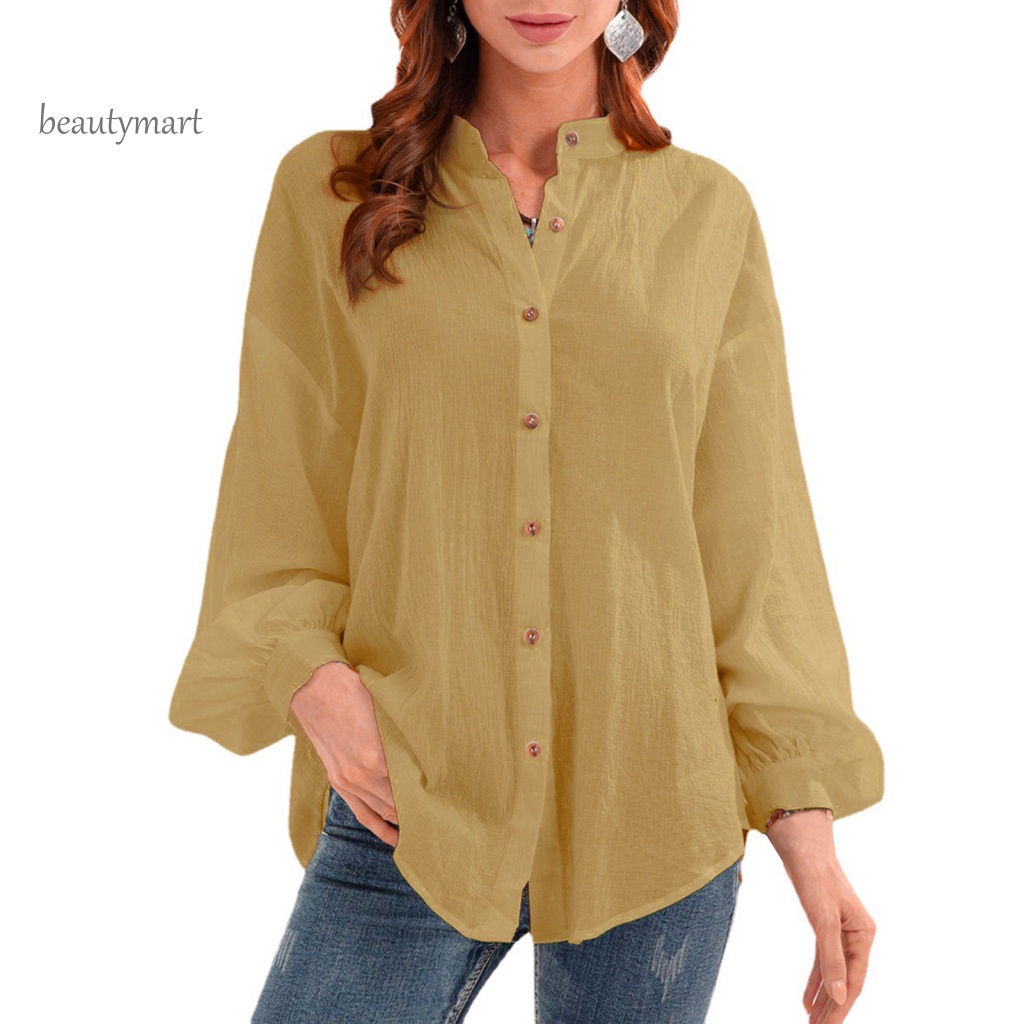 Áo Sơ Mi Cổ Đứng Tay Dài Màu Trơn Thoáng Khí Thời Trang Đường Phố Cho Nữ beautymartm1