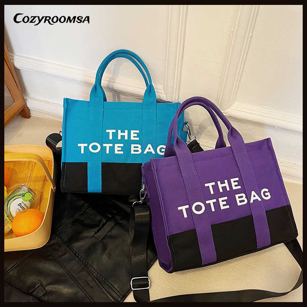 Túi Tote Đeo Vai Vải Canvas Màu Sắc Tương Phản In Chữ Thời Trang Cho Nữ