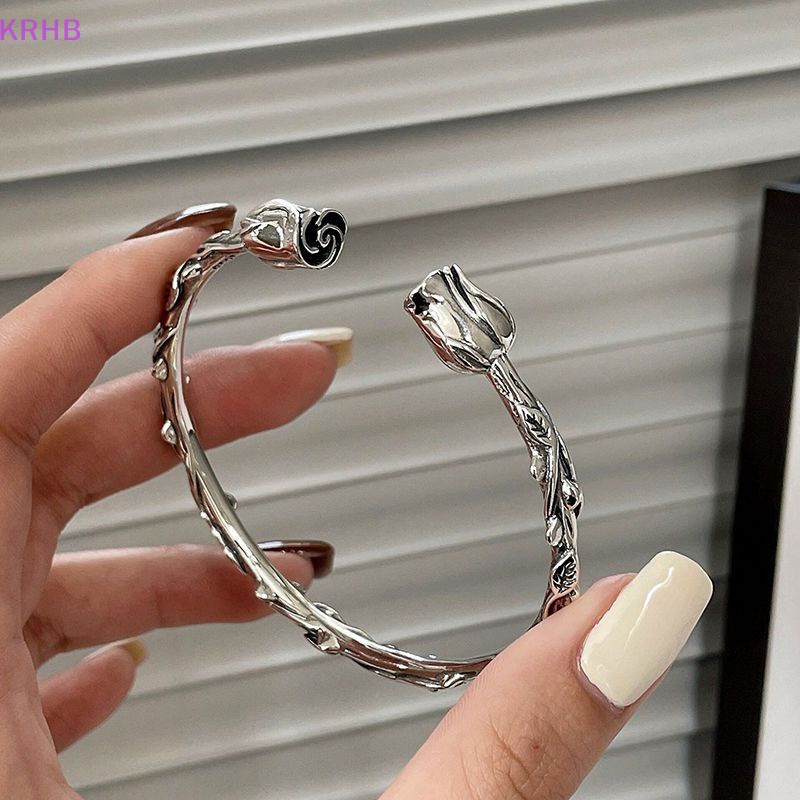 Vòng Đeo Tay Dạng Mở Màu Bạc Họa Tiết Hoa Hồng Đơn Giản Sáng Tạo Cá Tính Dành Cho Nữ Mới