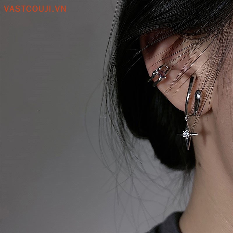Khuyên Tai Kim Loại Dài Đính Đá Zircon Tím Phong Cách Tối Giản Cho Nam Và Nữ
