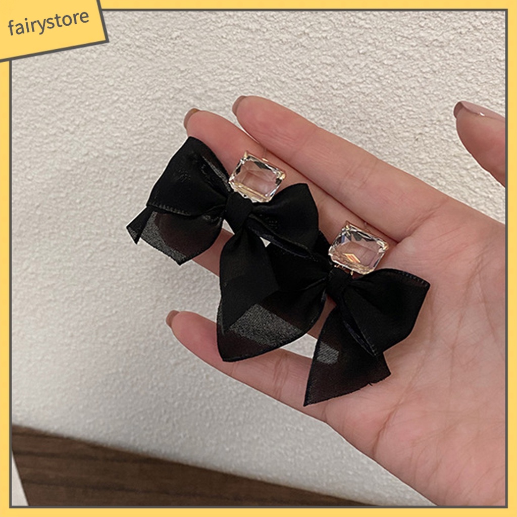 1 Đôi Bông Tai Dài Hình Nơ Bằng Vải Đính Đá Ngọt Ngào Dành Cho Nữ