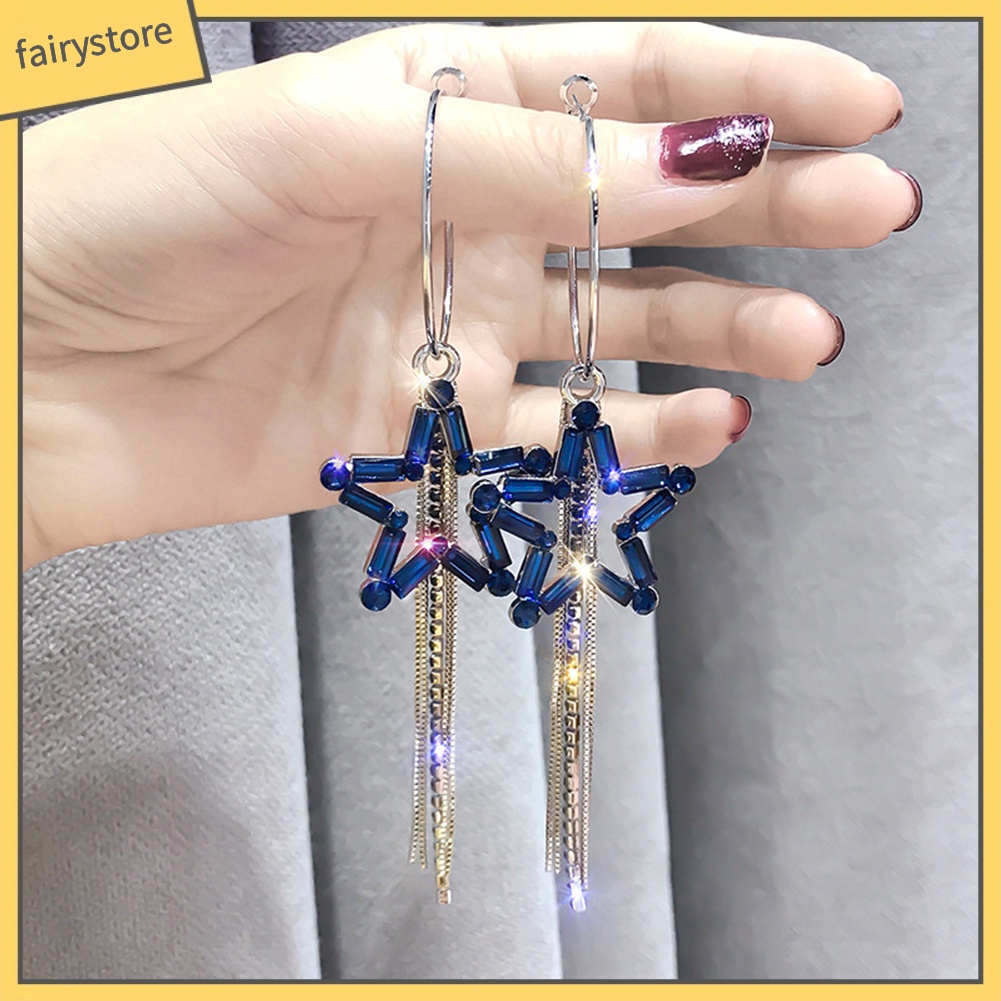 Bông Tai Dạng Vòng Hình Ngôi Sao Năm Cánh Đính Đá Phối Tua Rua Thời Trang Cho Nữ