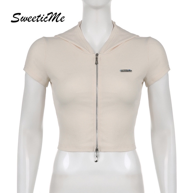 Áo Hoodie Tay Ngắn Màu Trơn Dáng Ôm Hở Lưng Phối Khóa Kéo Thời Trang 2023 Cho Nữ