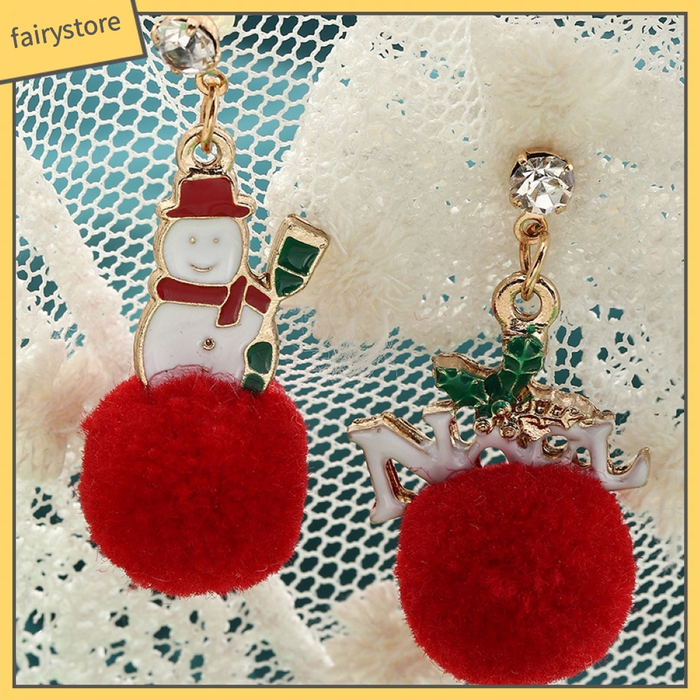 Khuyên Tai Hình Ông Già Noel Và Bông Tuyết Đính Quả Bông Dễ Thương